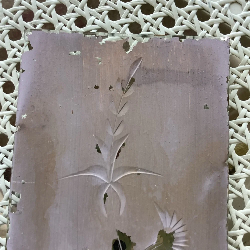 Antique Architectural Salvage Floral Decorative Etched Glass Mirror Side Lights